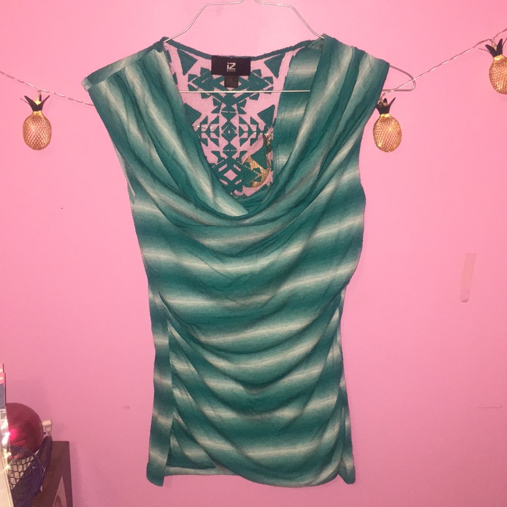 Turquoise White striped Lace detail Cowl Neck Top